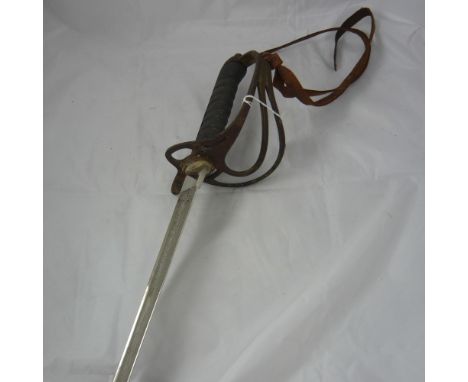 An artillery sword in leather scabbard, polished blade engraved Honi Suit Qui Mal Y Pense, arrows etc, three bar hilt, blade 