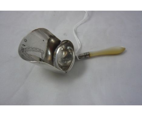 A Georgian silver caddy spoon with mother of pearl handle, Joseph Wilmore, Birmingham 1806