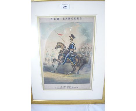 A framed coloured lithograph of 17th century Lancers before 1855 by John Brandard, 'New Lancer Quadrille' complete with music