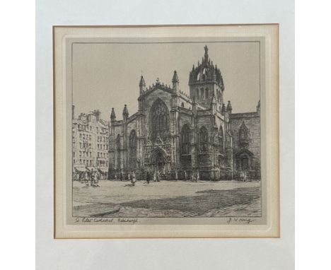 J.W. King lithograph of St Giles Cathedral, Edinburgh, signed pencil bottom right in a gilt wooden glazed frame. (20.5cmx22cm
