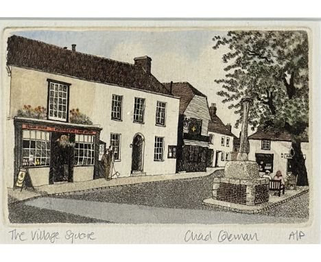 Chad Coleman (British), The Village Square print, signed pencil bottom right in a gilt glazed frame. (12cmx17cm)