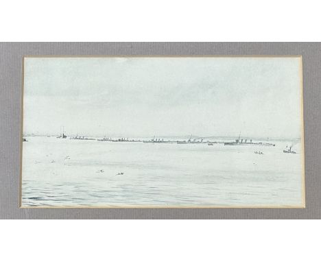 Muirhead Bone (British 1876-1953), The Grand Fleet at Scapa Flow 1917, print in a wooden glazed mounted frame. (12cmx22cm)