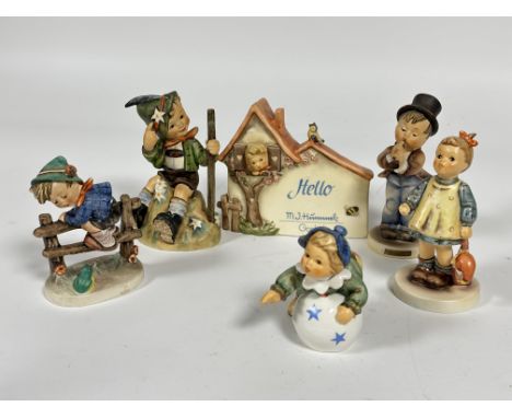 A group of six German Hummel pottery figures including, Fascination, Serenade, etc,. (Tallest H x 13cm), show no signs of dam