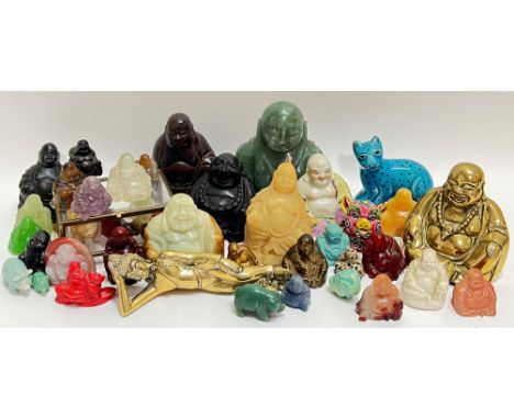 A large group of Buddhist/animal figurines comprising a large Jade Buddha figure (h- 12.5cm), cast brass Buddhist figures inc