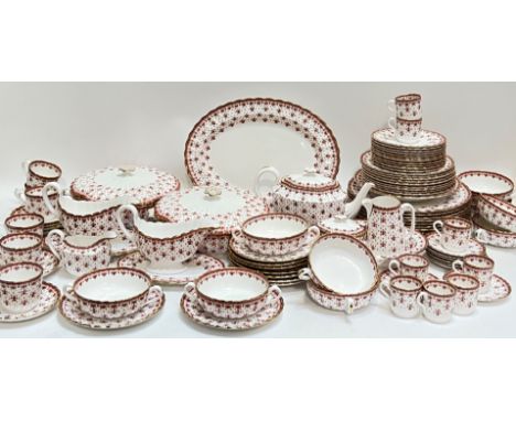 A large Spode 'Fleur de Lys red' dinner/tea service comprising, a teapot (h- 16cm, w- 27cm), eight espresso cups, eight espre