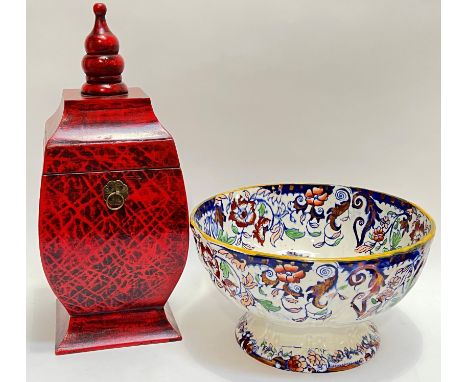 A large lustre lustreware fruit bowl with floral decoration and Chinoiserie interior (h- 17cm, w- 30cm), together with a red 