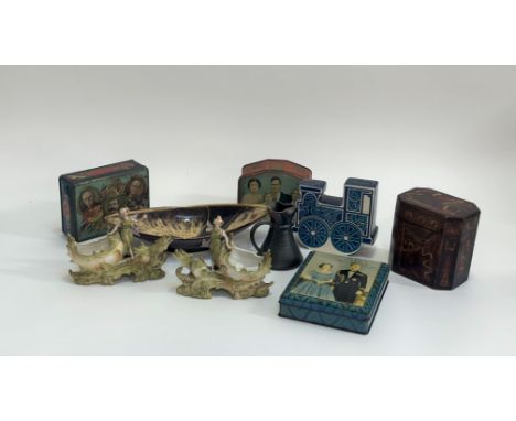 A mixed group comprising a trio of decorative tins with various members of the royal family, a pair of continental art nouvea