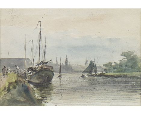 ANDREW DOUGLAS (SCOTTISH 1870 - 1935), A CONTINENTAL HARBOUR watercolour on paper, 12cm x 17.5cm Mounted, framed and under gl
