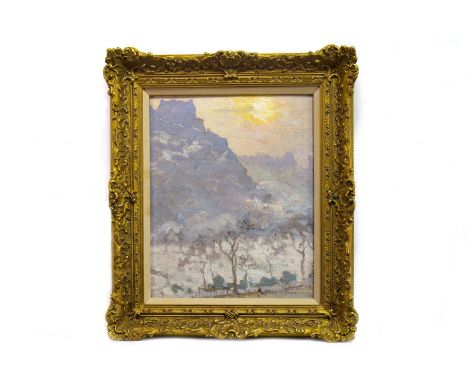 * LIONEL TOWNSEND CRAWSHAW (BRITISH 1864 - 1949), A WINTER SUNSET, EDINBURGH CASTLE oil on canvas board, signed 40cm x 33cm F