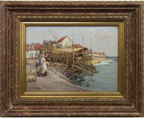 WILLIAM WATT MILNE (SCOTTISH 1865 - 1949), A FIFE BOATYARD oil on canvas, signed 26cm x 36cm Framed Label verso: St Andrews F