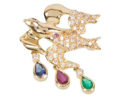 An 18k Gold, Diamond, Sapphire and Ruby Brooch:Depicting birds in flight with drop pendants