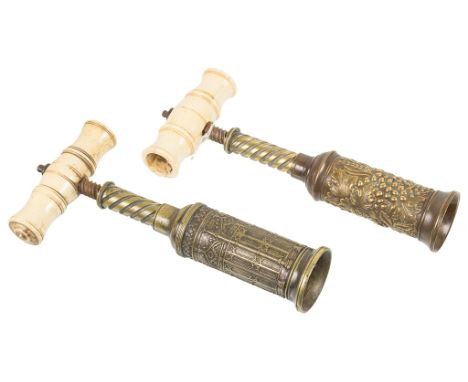 Two Ivory and Bone Handled Embossed Thomason Style Corkscrews:The bone handled example with Gothic architectural pattern, the