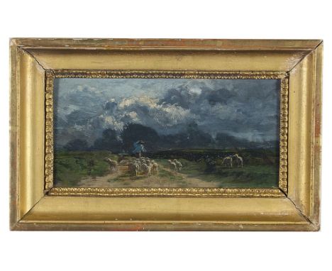 Albert Charpin (French, 1842-1924):An en plein air study of sheep being driven through a landscape, oil on panel, inscribed v