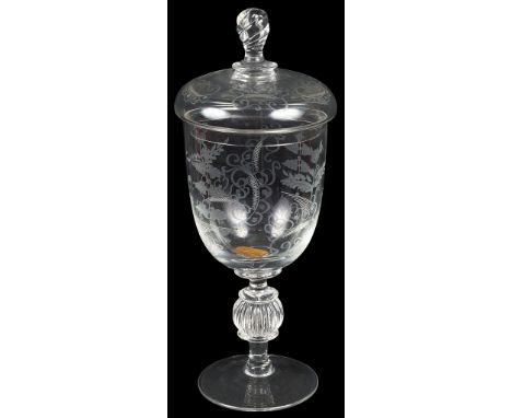 A 19th Century Lidded Goblet:Hand engraved and incised with floral motifs and trees and deer, the twist finial to the goblet 