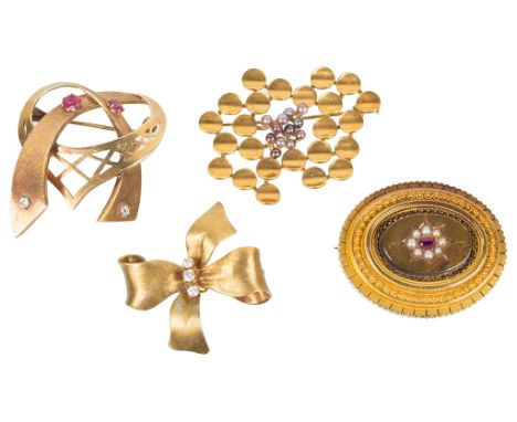 Four Gold and Stone Set Brooches:To include examples from circa 1900 to the 1960s, including an 18ct diamond set bow brooch, 