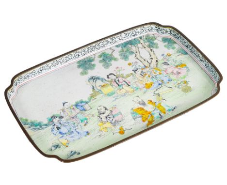 A Canton enamel tray:18th century, of rectangular shape and finely depicting the Eight Taoist Immortals sitting in a landscap