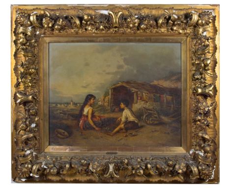 V. Sabati (Italian, 19th century): A girl & boy in a coastal landscape, oil on panel, signed lower right, H 48 x W 59 cm, con