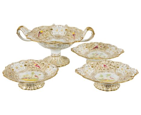A Collection of 19th Century China:Possibly Davenport, comprising three comports and a large twin-handled tazza, the central 