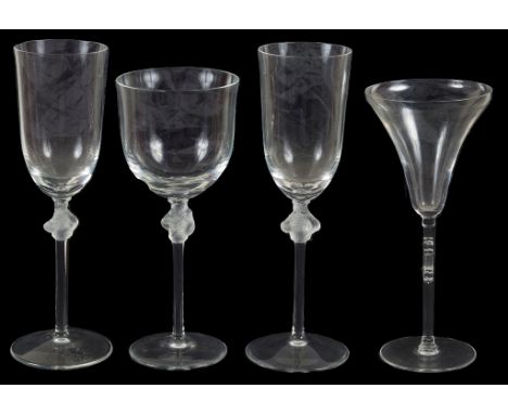 Four Lalique Crystal Wine Glasses:One signed R Lalique, the other later examples signed Lalique