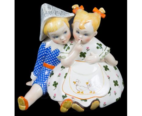 A Mid Twentieth Century Lenci Figure:Of two children, the base with black Lenci stamp, made in Italy, Torino and artist's mar