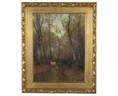 Gustav Meissner (German, 1830-1930):Cattle watering in a wooded river landscape, oil on panel, H 44 x W 33 cm