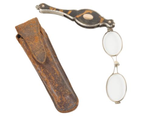 A 19th Century Cased Silver and Tortoiseshell Lorgnette:Of ornate form with button release, the glasses folding in half when 