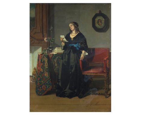 Johannes Cornelis Mertz (Dutch, 1819-1891):Portait of a lady in a decorated interior reading a letter, oil on panel, signed l
