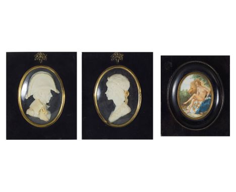 A Quantity of Miniatures:To include a pair of wax relief silhouettes of a gentleman, possibly Wellington, & lady by Leslie Ra