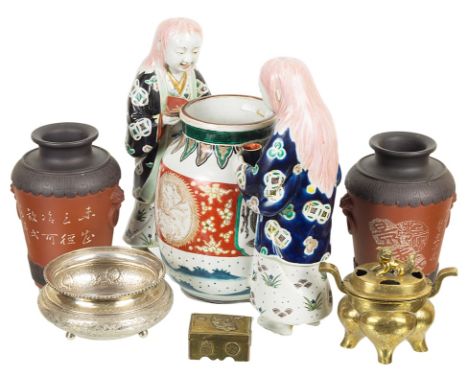 A collection of Chinese and Japanese works of art:To include a small Chinese brass lidded censer and a small Chinese brass li