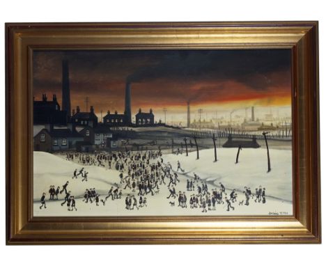 Brian Shields, 'Braaq' (British, 1951-1997):Numerous figures in a gloomy industrial landscape, oil on panel, signed lower rig