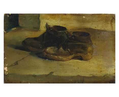 English School (19th century): Study of boots, oil on panel, H 16.5 x W 26 cm, unframed