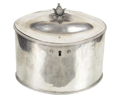A George III Silver Tea Caddy:By Thomas Daniel, London 1785, plain oval form with bead borders, the cover applied with a pine