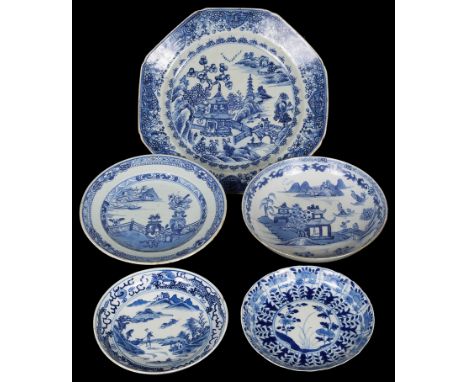 A collection of Chinese blue and white plates:To include an octagonal plate depicting figures by a pavilion in a landscape, 1