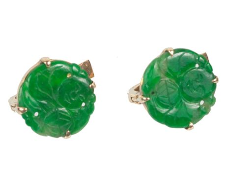 A Pair of 14k Gold and Jade Earrings with Carved Buddha Design