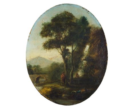 Circle of Richard Wilson, R.A. (British, 1713-1782):  Figures at rest before a waterfall, oil on panel, H 30 x W 25 cm