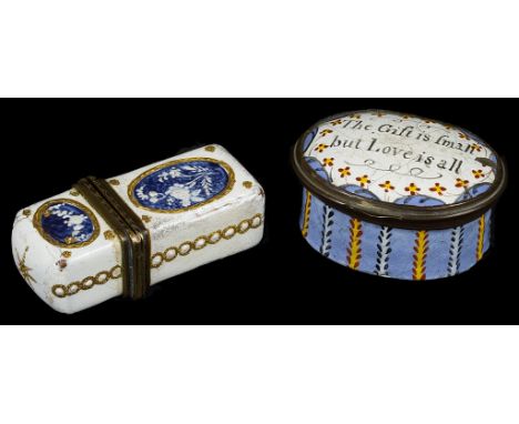 An 18th Century Enamel Patch Box:The top stating "The gift is small but love is all"; together with an enamel perfume bottle 