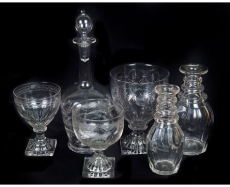 An Assorted Quantity of Glass:To include an Edwardian stoppered decanter, two ring necked decanters, and three 18th/19th cent