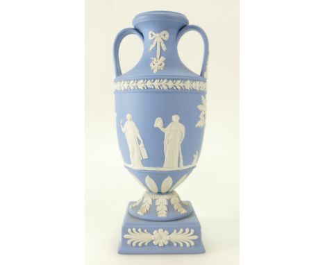 Wedgwood light blue Jasperware two handled vase decorated all around with classical scenes, dated 1959, height 22cm