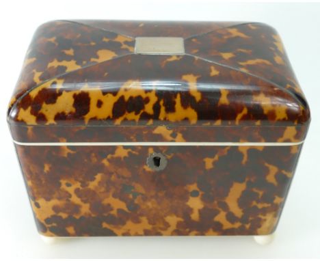Regency tortoiseshell tea caddy, original interior with velvet lining to the lid, ivory trim and the domed compartment lids w