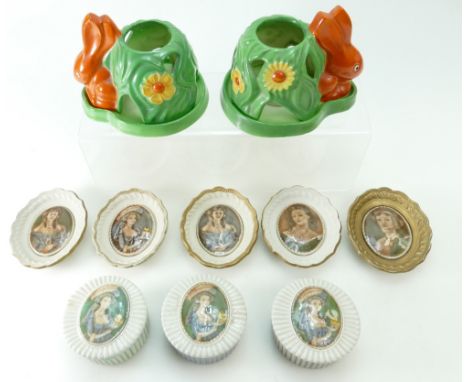 A collection of various Wade portrait plaques including brooches, box &amp; covers, pair rabbit night light holders etc. (2 s