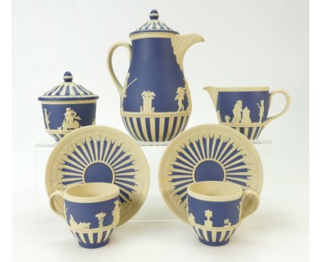 A prestige Wedgwood 'Four Seasons' Engine Turned Jasperware Coffee Set in Portland Blue &amp; Primrose Yellow. No 5 in a limi