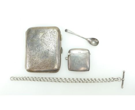 Hallmarked Silver cigarette case, together with vesta match case, mustard spoon &amp; small Albert chain. Gross weight 114.7g