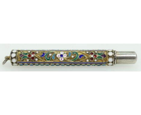 An Imperial Russian Cloisonne Enamel gilt pencil holder c 1908.  Bears female head with diadem facing right, indicating this 