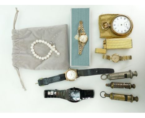 Small group of watches and collectables including gold plated ladies Omega watch in ticking order, ladies Omega de Ville quar