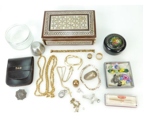 A collection of vintage items including silver brooches, gold plated items, china floral brooches, mother of pearl inlaid cig