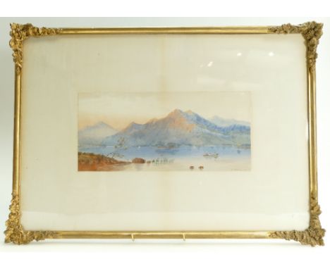 Large framed watercolour of shoreside scene, signed M Armstrong 1871. 60cm x 42cm