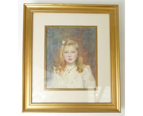 Miss Ada M Shrimpton 1885-1925, watercolour painting of Fair young girl with necklace in later gilt frame, 15 x 19cm