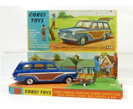 Corgi 440 Blue Ford Consul Cortina Super Estate Car mint condition and in original display box with insert and golfer, caddy 
