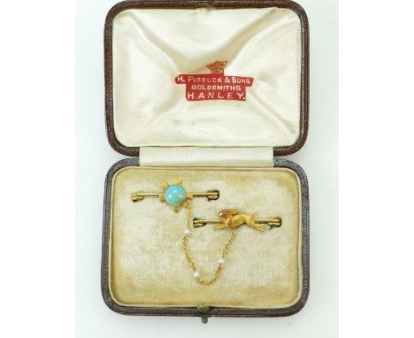 Victorian 15ct pair of Brooches the hare and the tortoise, both set with precious stones and held together with a chain, with