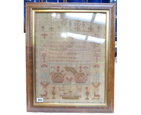 19th century Tapestry / Sampler featuring poem, trees, peacock, deer, birds, plants etc.  53.5 x 41cm not inc. frame.